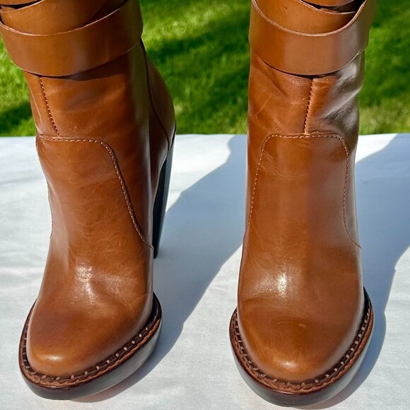 KORS Michael Kors Lisa Mid-Calf Heel Wrap Buckle Biker Boots Saddle Size 7M - Picture 5 of 11
